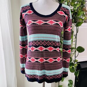 Cotton Emporium Pink & Blue Geometric Soft Stretchy Cozy Sweater Size Small USA